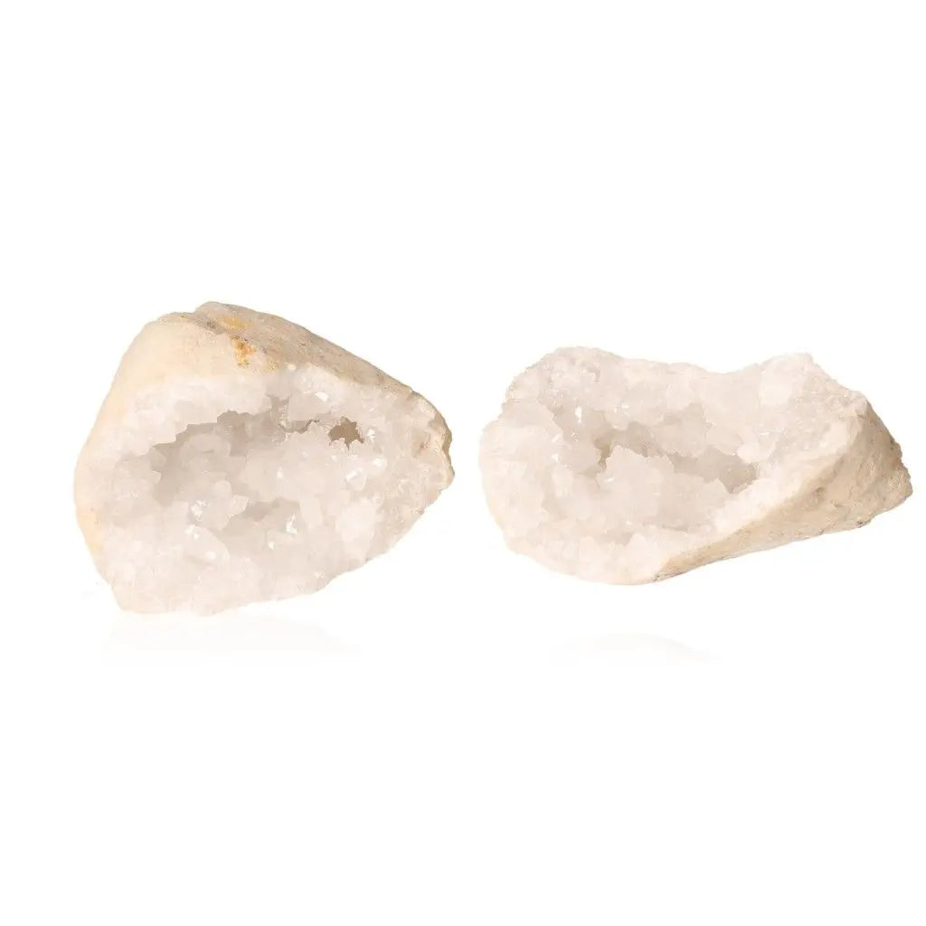Quartz Geode with sparkling white crystals inside, weighing between 400-600g, showcasing its rugged, earthy outer shell.