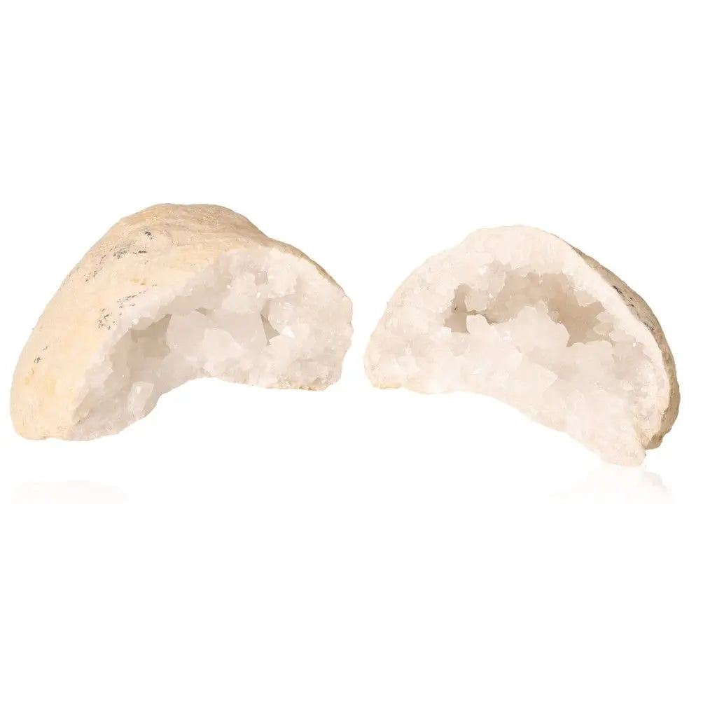 Open Quartz Geode revealing sparkling white crystals, showcasing natural beauty and spiritual allure, weighing 400-600g.