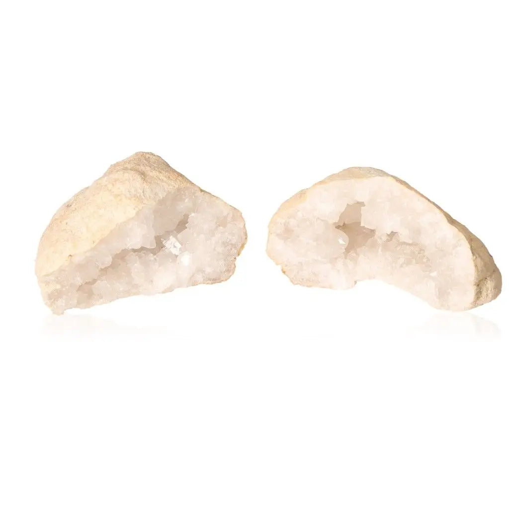 Quartz Geode split open revealing sparkling white crystals, perfect for energy purification and amplification, weighing 400-600g.