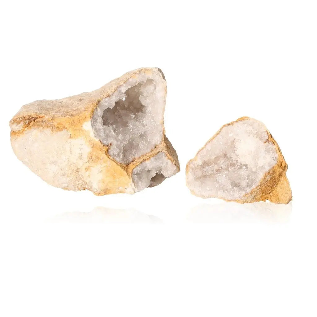Quartz Geode with sparkling white crystals, weighing 400-600g, showcasing natural beauty and tranquility on a white background.