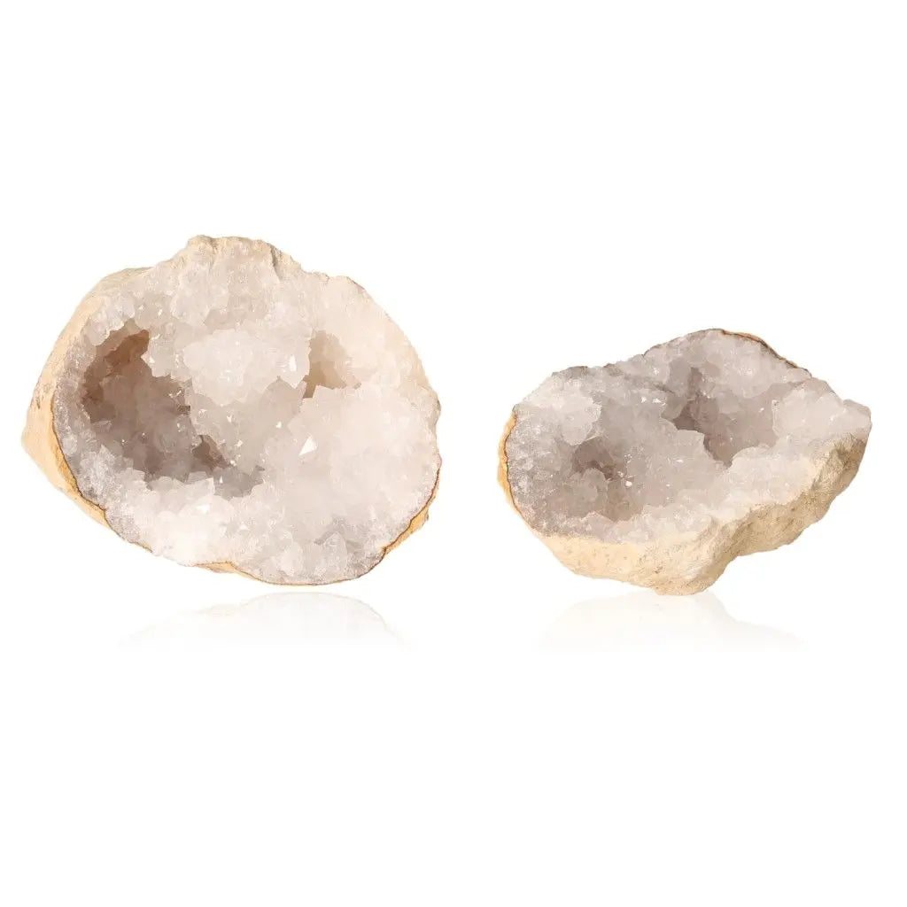Quartz Geode with milky white crystals, showcasing rugged outer shell and natural artistry, weighs 400-600g, perfect for decor.
