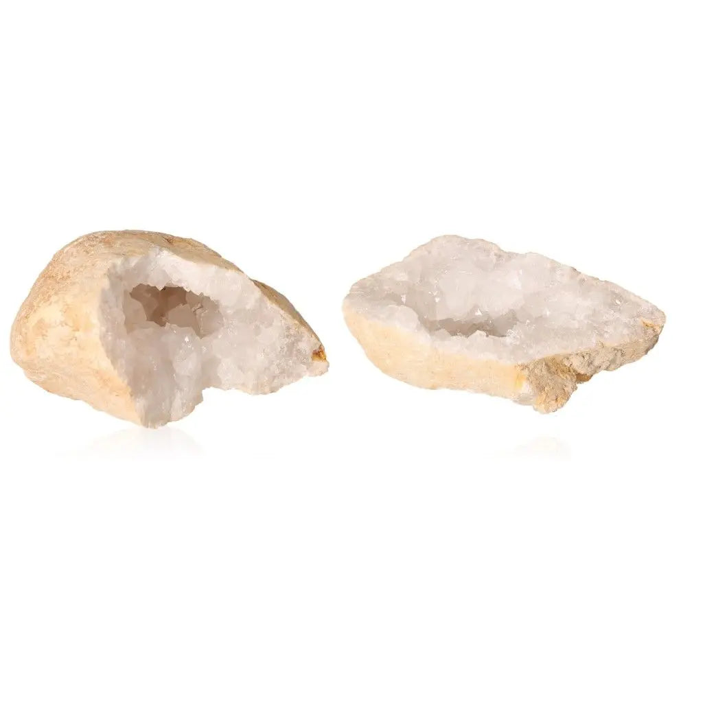 Quartz Geode with sparkling white crystals exposed, showcasing its natural beauty and allure, ideal for decoration or collection.