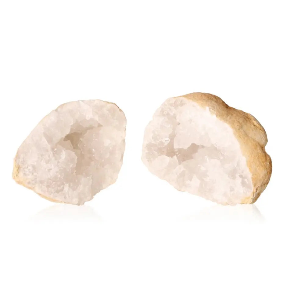 Quartz geode split open showing sparkling white crystals, 400-600g weight, natural beauty and spiritual essence.