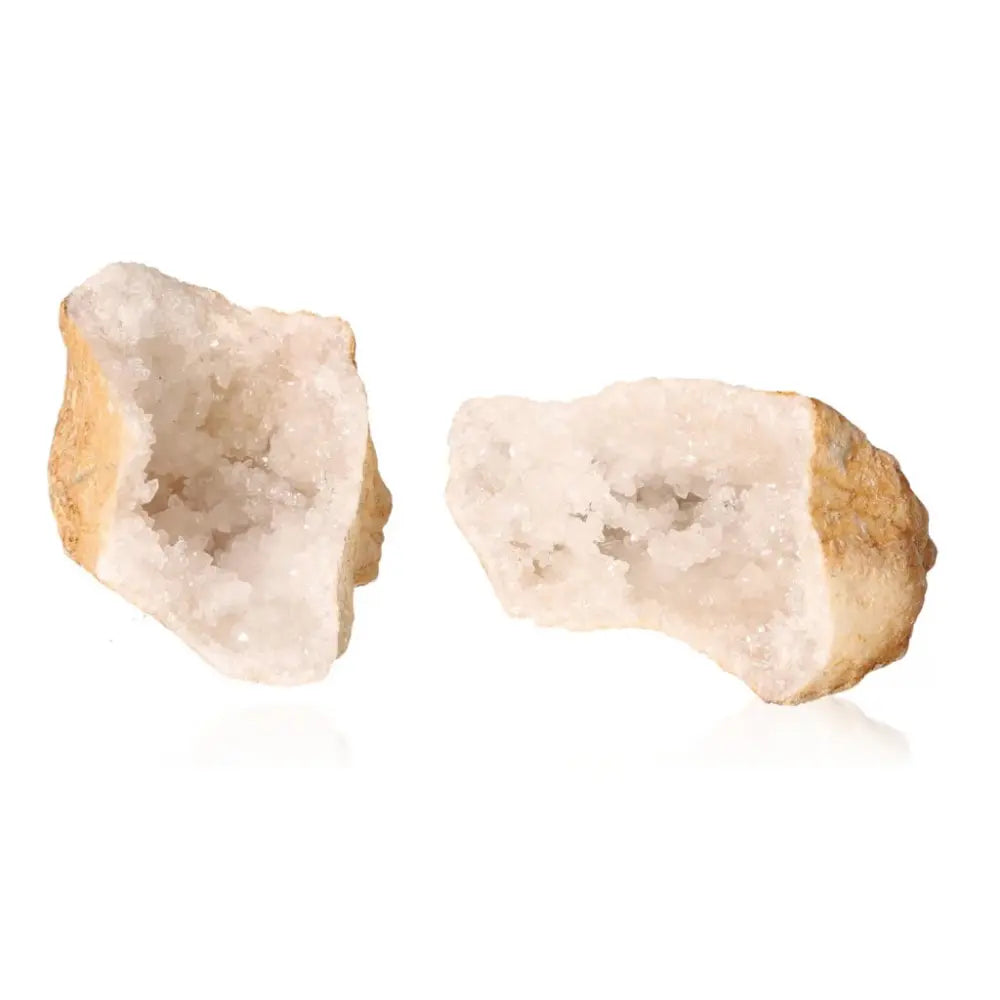 Open Quartz Geode revealing sparkling cloudy white crystals inside rugged earthy shell, 400-600g weight.
