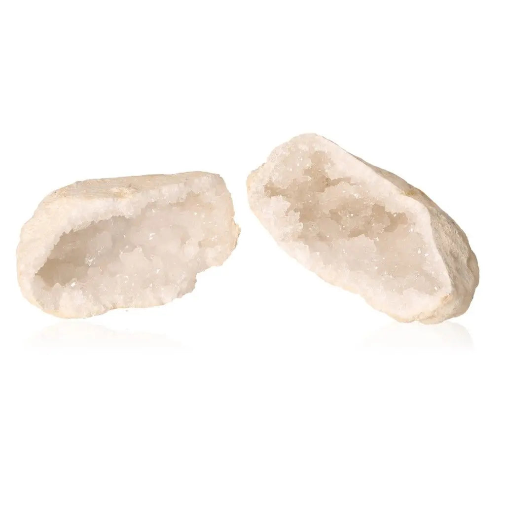 Open Quartz Geode showcasing crystal interior and rugged exterior, weighing 400-600g, perfect for energy enhancement and decor.