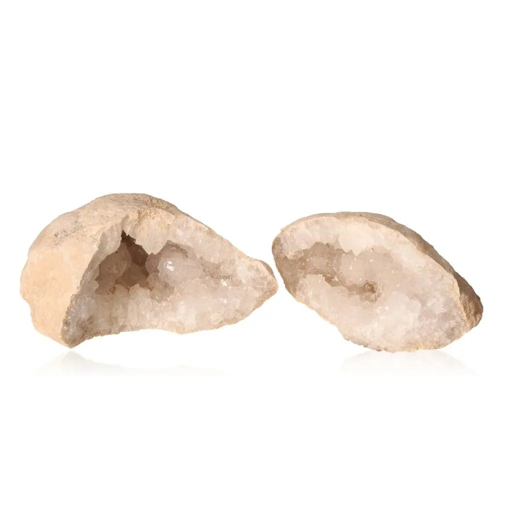 Open quartz geode displaying sparkling milky crystals, weighing between 700-900g with rugged, earthy outer shell.