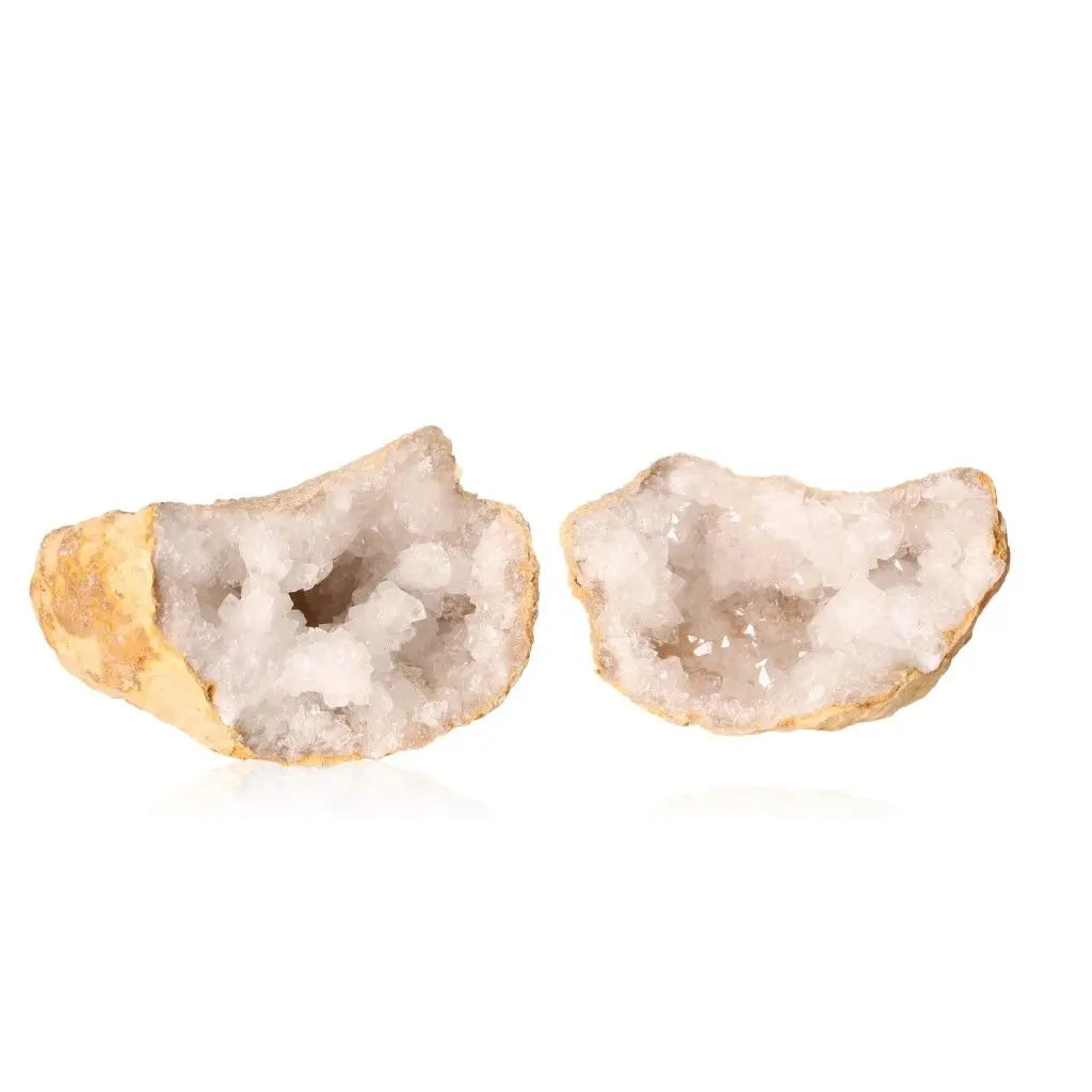 Quartz Geode split open revealing crystalline interior, 700-900g, showcasing natural beauty and mystical allure.
