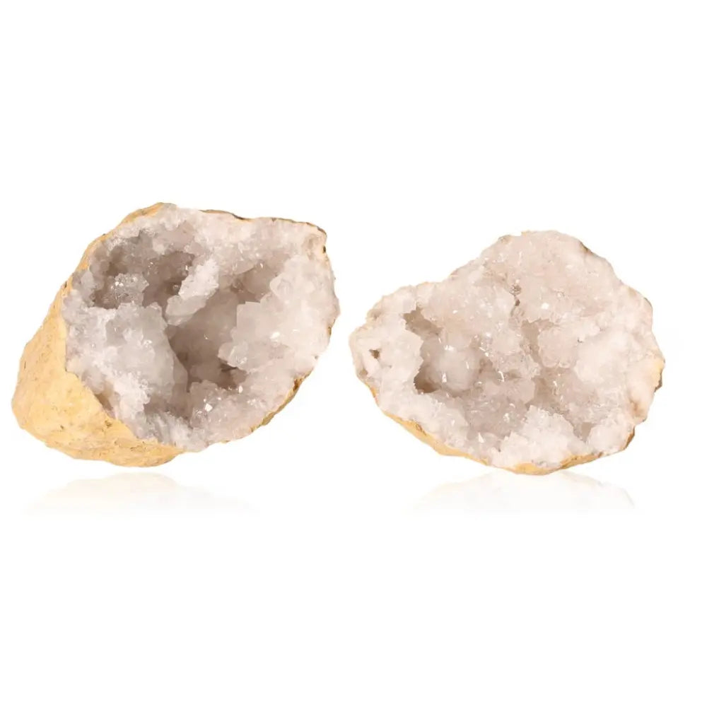 Open Quartz Geode displaying its sparkling white crystals and rugged exterior, weighing between 700-900g.
