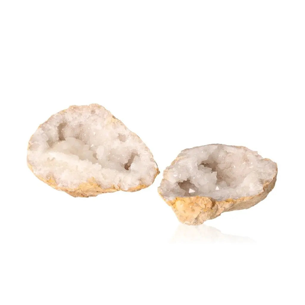 Quartz geode split open to reveal sparkling cloudy white crystals, showcasing its rugged earthy shell, 900-1200g weight range.