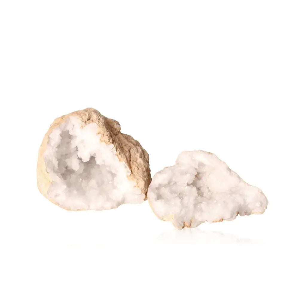 Quartz Geode with sparkling white crystals and earthy shell, weighing 900-1200g, perfect for adding serenity to any space.