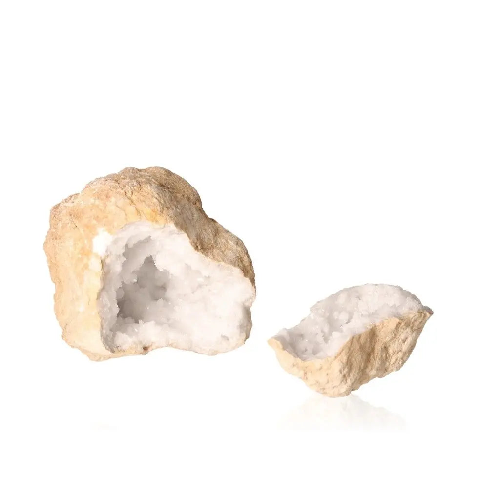 Quartz Geode with exposed sparkling white crystals inside a rugged shell, weighing between 900-1200g, ideal for energy cleansing.