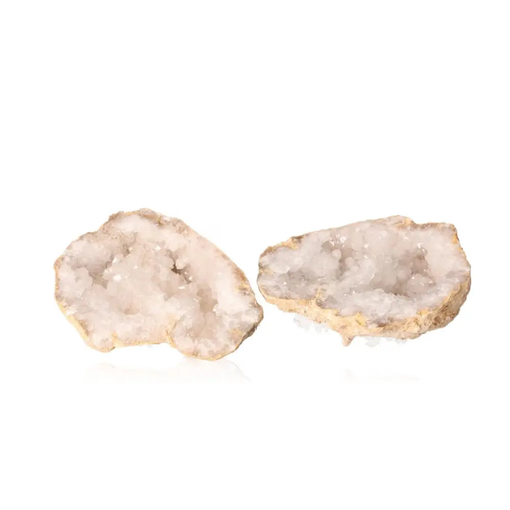 Quartz Geode weighing 900-1200g featuring sparkling cloudy white crystals on a white background.