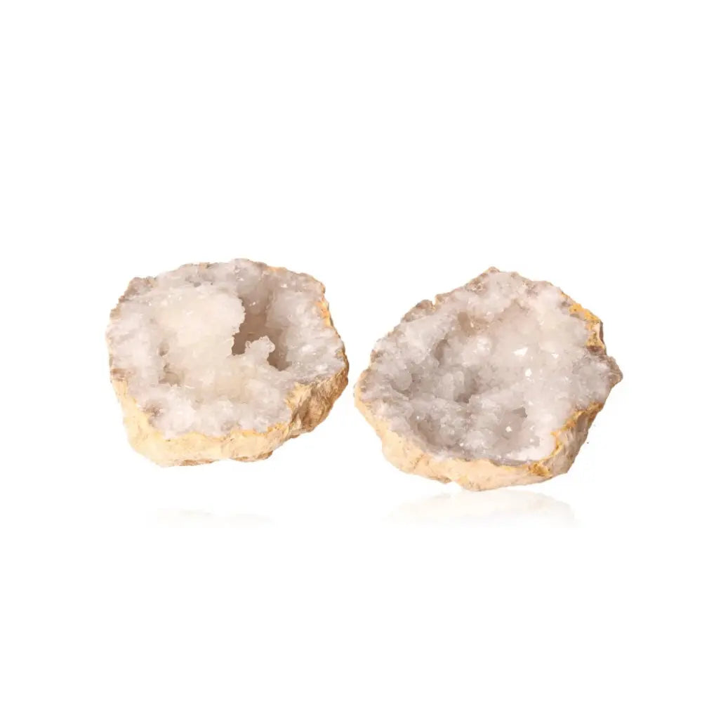 Quartz Geode split open revealing sparkling white crystals, weighing 900-1200g.