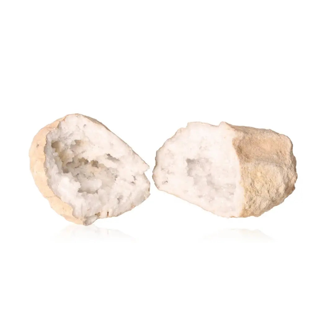 Open Quartz Geode showing sparkling white crystal interior against a white background, weighing 900-1200g.