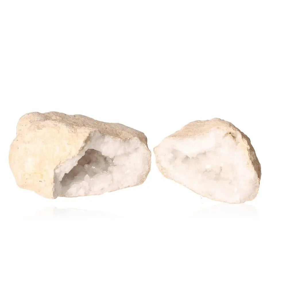 Quartz Geode (900-1200g) split open, revealing milky white crystals inside for energy purification and amplification.