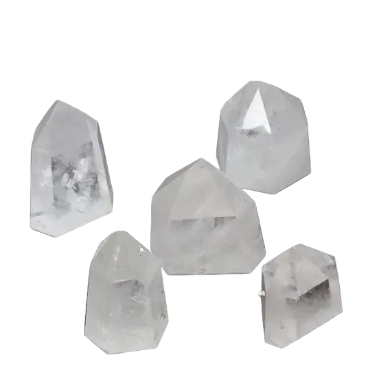Set of five quartz obelisks, each weighing 1 kg, showcasing varied colors and elements, enhancing chakra and zodiac energy balance.