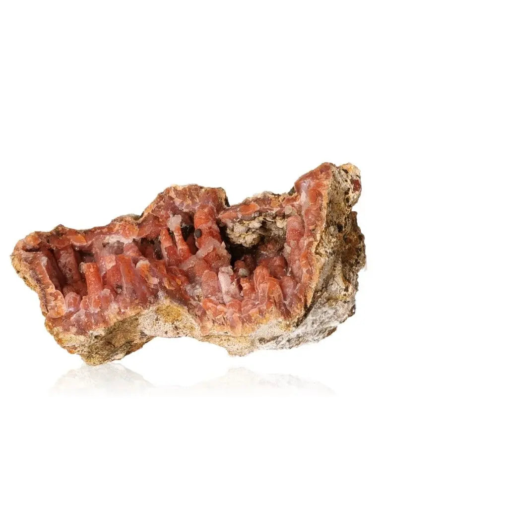 Quartz Stalactite from Sylvia Crystals, showcasing unique red formations symbolizing growth and transformation, isolated on white background.
