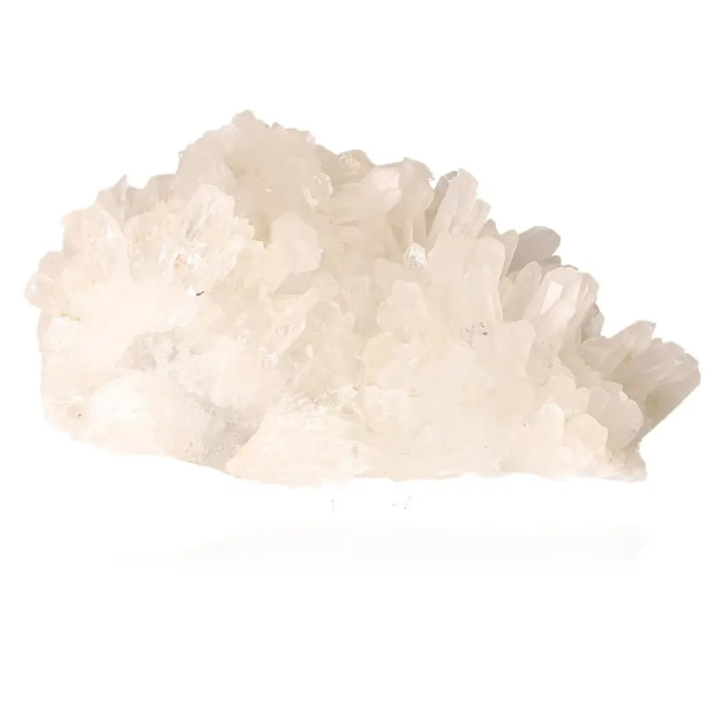 Natural white quartz gemstone cluster showcasing intricate crystal formations, ideal for energy harmonization and spiritual transformation.