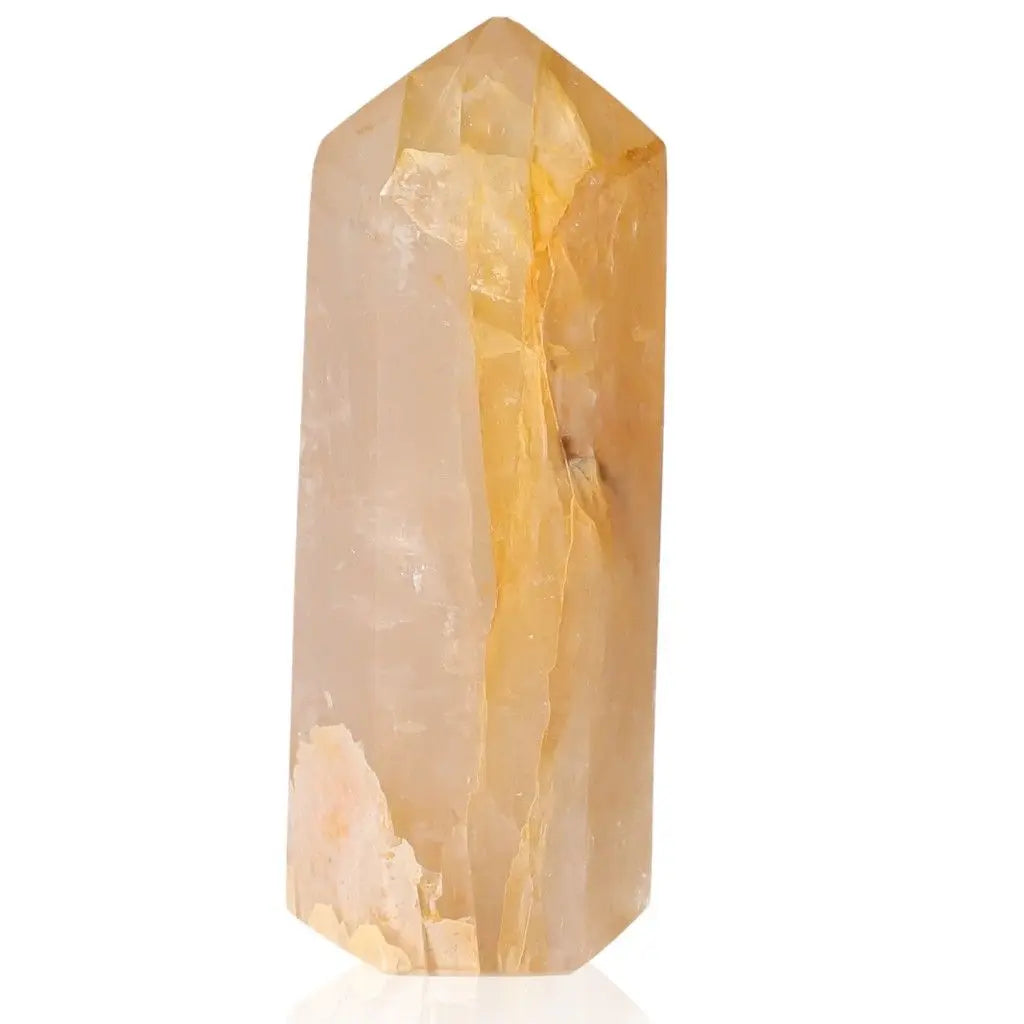 Quartz Tower crystal from Sylvia Crystals, showcasing its natural hues and polished surface, known for enhancing energy and clarity.