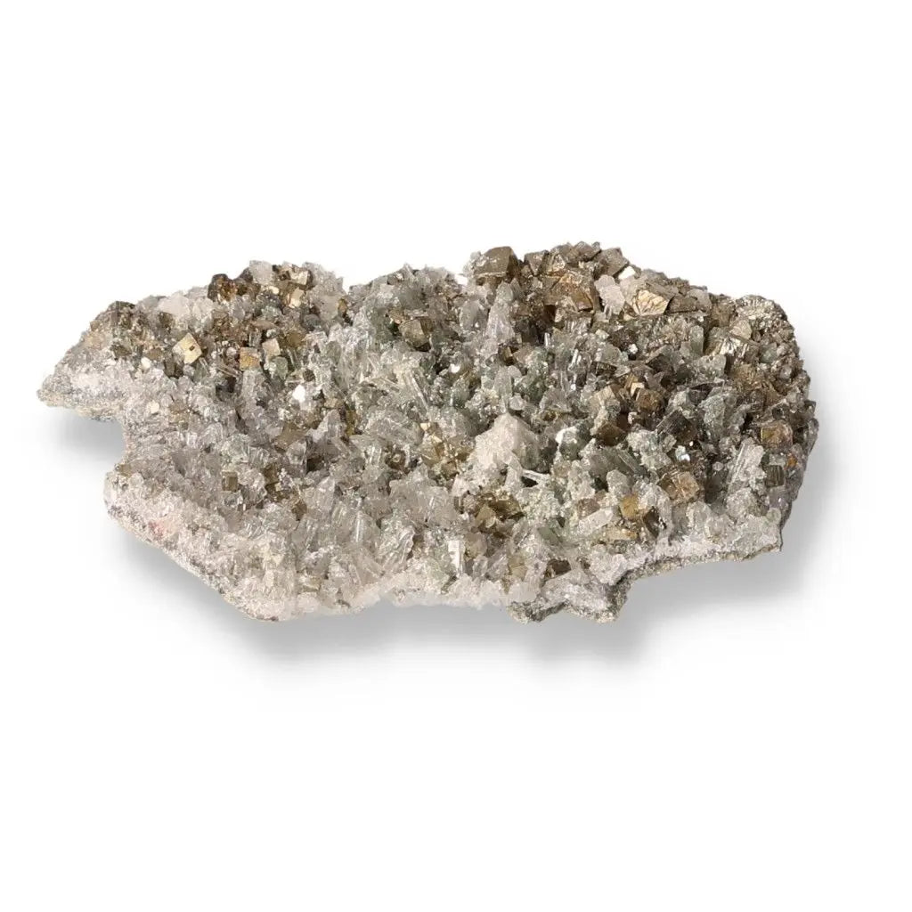 Quartz with Pyrite crystal cluster, showcasing radiant golden pyrite among clear quartz, symbolizing abundance and prosperity.
