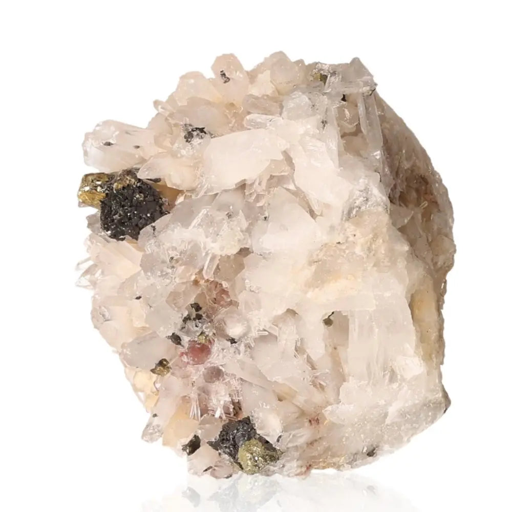 Quartz crystal with sphalerite and chalcopyrite, perfect for spiritual connection, from Sylvia Crystals. Enhancing cosmic energies.