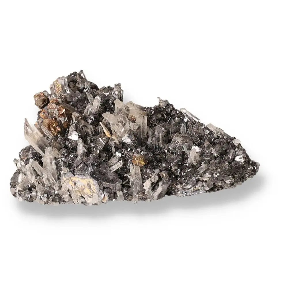 Quartz, Galena, and Chalcopyrite crystal cluster; offers transformative energy and unique resonance. Perfect for chakra alignment.