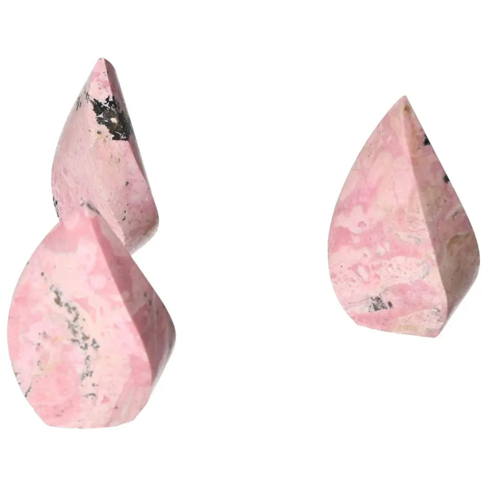 Pink Rhodonite Flame crystals with unique patterns for healing and positive energy flow on white background.