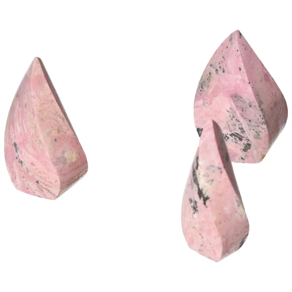 Rhodonite Flame L crystals showcasing vibrant pink hues and unique patterns, known for healing and promoting positive energy flow.