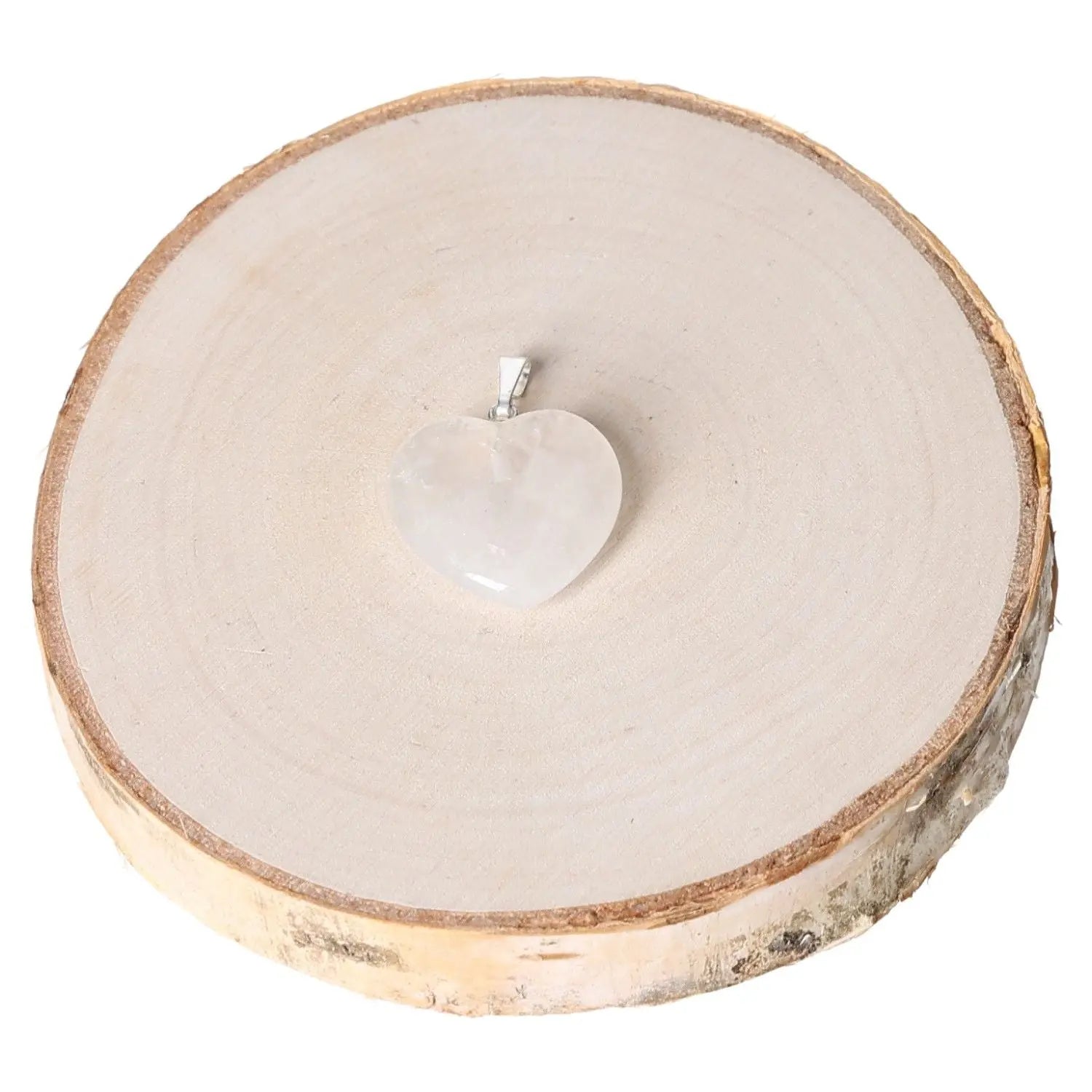 Rock crystal heart pendant 20mm on wooden display, symbolizing purity and elegance, perfect accessory for any occasion.