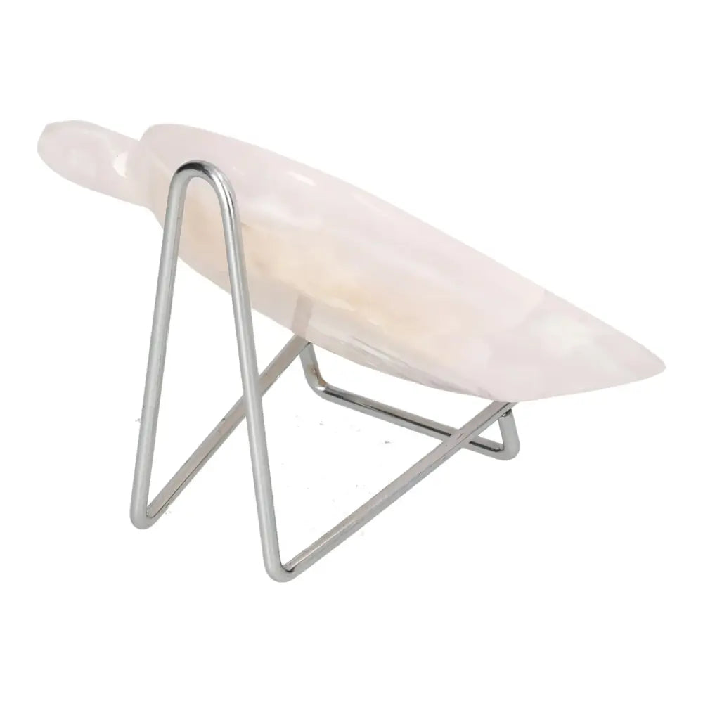 Rose Onyx Platter on a metal stand, showcasing the unique rose-hued onyx veining and polished, smooth surface for elegant display.