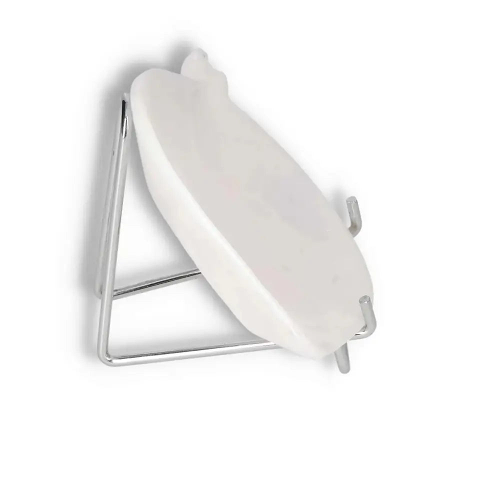 White ceramic platter displayed on a metal stand, showcasing its sleek design and smooth surface for elegant table settings.