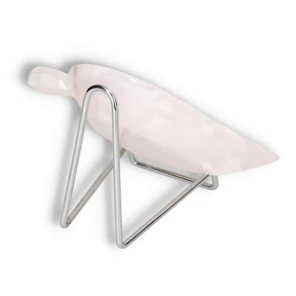 Rose onyx platter on stand, showcasing elegant design with unique veining and smooth polished surface.