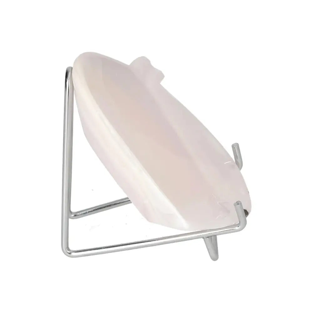 Rose Onyx Platter displayed on a metal stand, highlighting its elegant rose hues and unique veining.