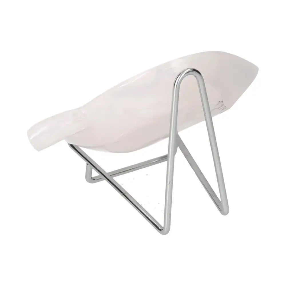 Side view of rose onyx platter on metal stand, showcasing its natural rose-hued tones and smooth polished surface for tabletop elegance.