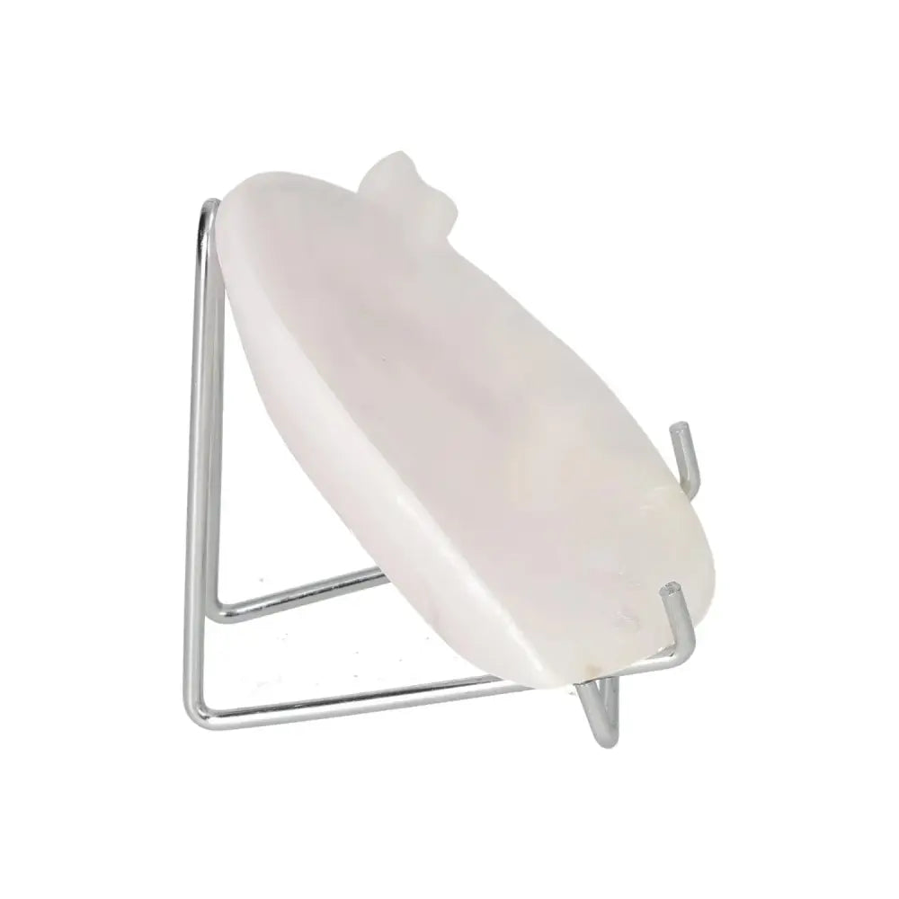 Rose onyx platter displayed on a metal stand, showcasing its unique pink hues and elegant veining, ideal for table settings and decor.