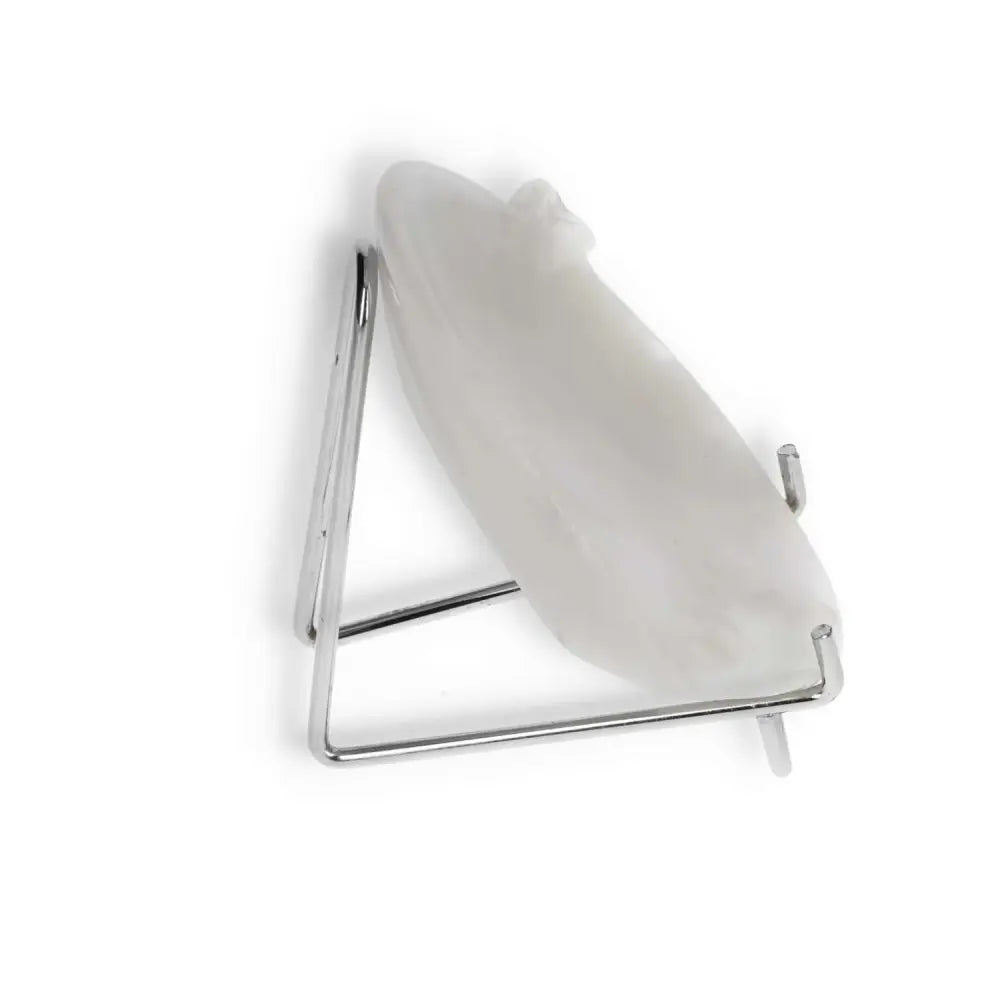 Side view of a sleek, modern display stand holding a decorative item with a smooth, white surface, set against a plain background.