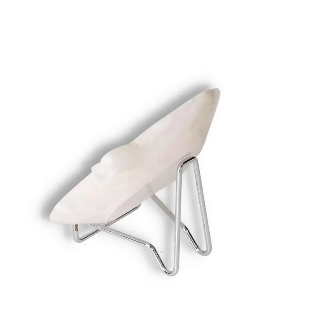 Rose Onyx Platter on metal stand showcasing unique veining and soft warm hues, perfect for elegant tablescapes.