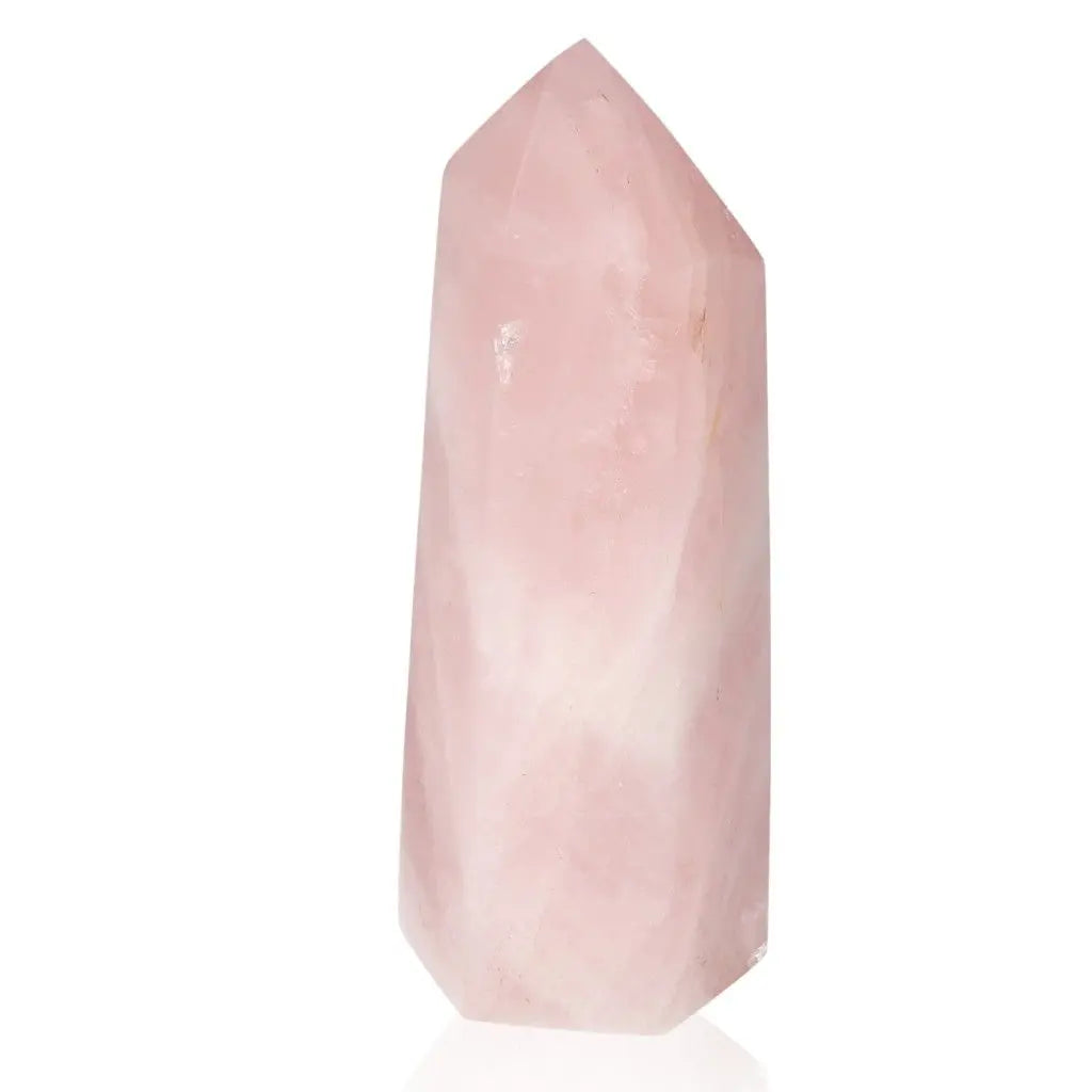 Rose Quartz Obelisk by Sylvia Crystals, symbol of love and healing, crafted from natural rose quartz for warmth and emotional balance.