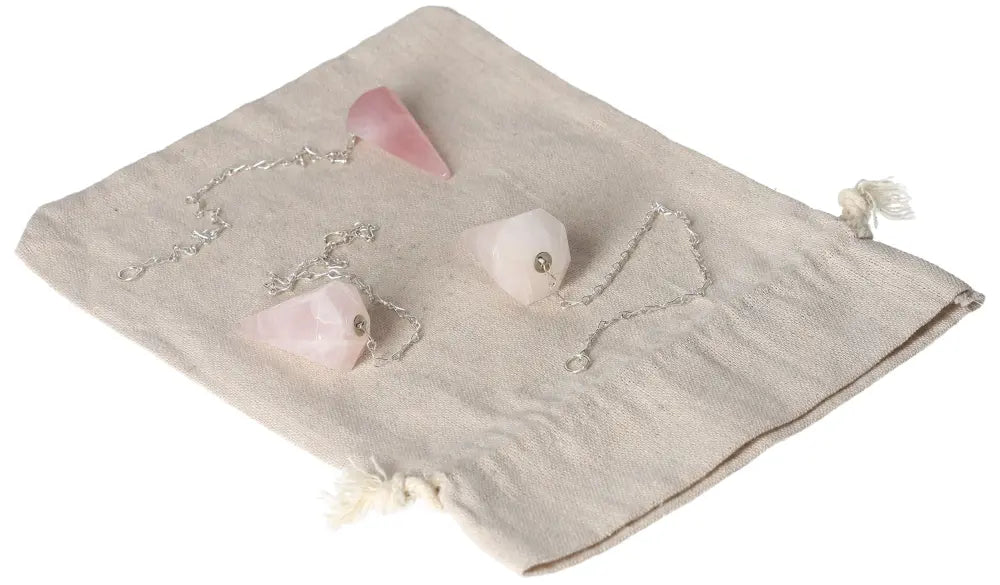 Rose Quartz Pendulum Set with Chain on Linen Bag, Promoting Love and Empathy