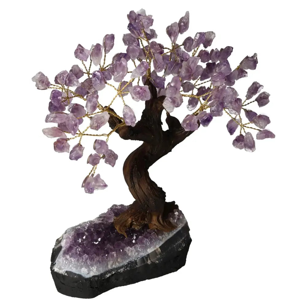Handcrafted 30cm Amethyst Crystal Bonsai Tree with gemstone leaves, offering calming energy and promoting spiritual harmony.