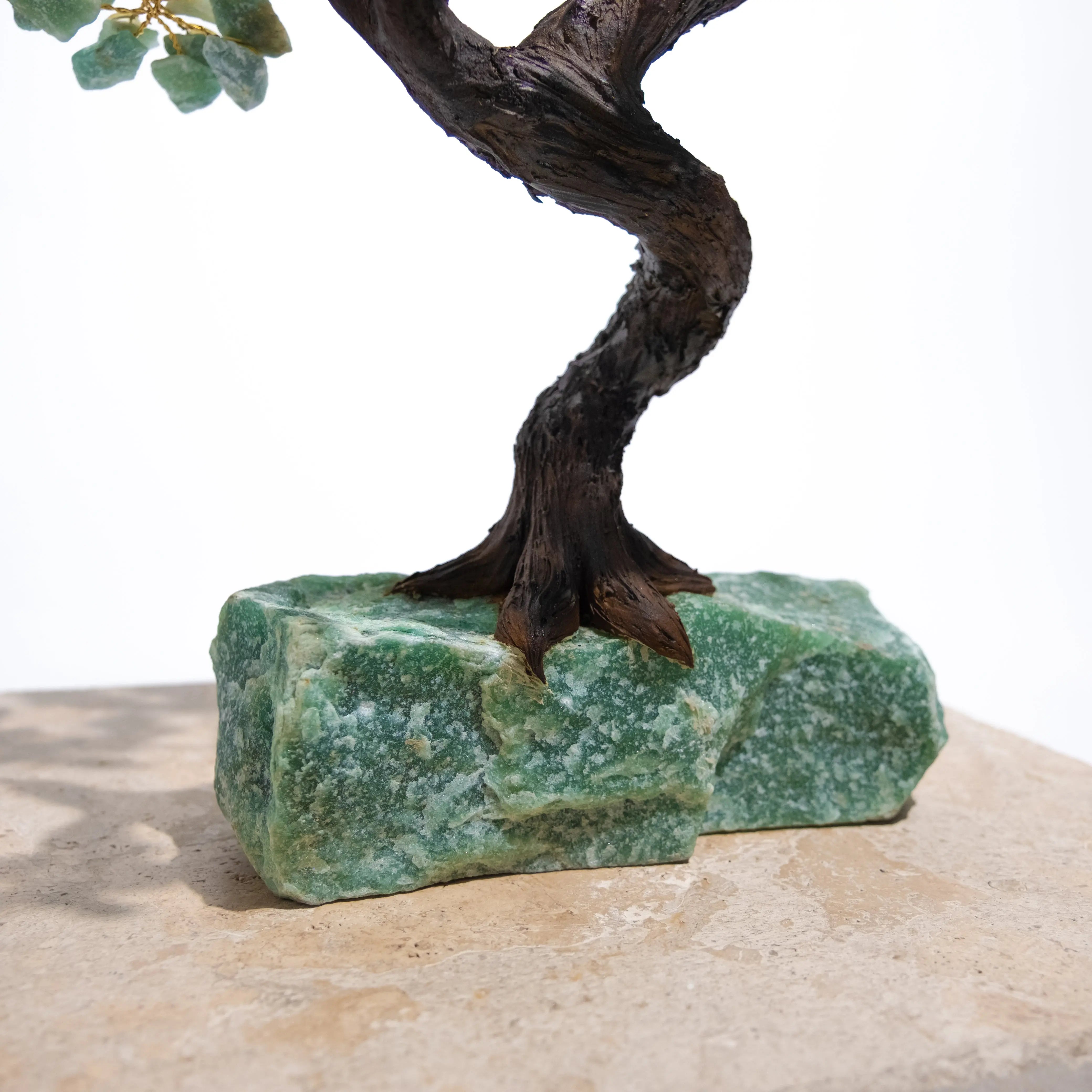 Close-up of handcrafted Aventurine Crystal Bonsai Tree base, symbolizing prosperity, harmony, and positive energy, 40cm tall.