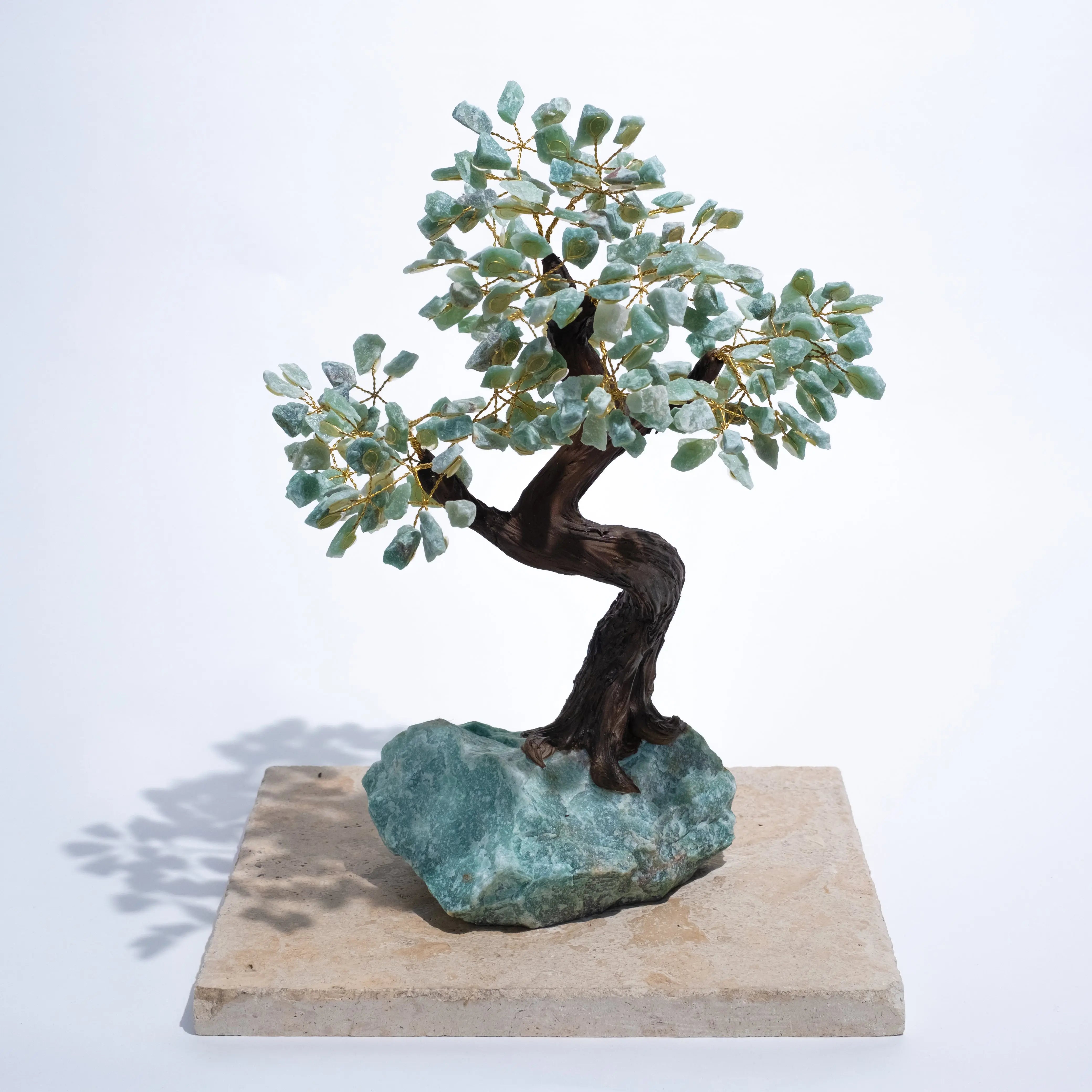 Rough Aventurine Crystal Bonsai Tree 45 cm decor symbolizing prosperity and positive energy on a stone base.