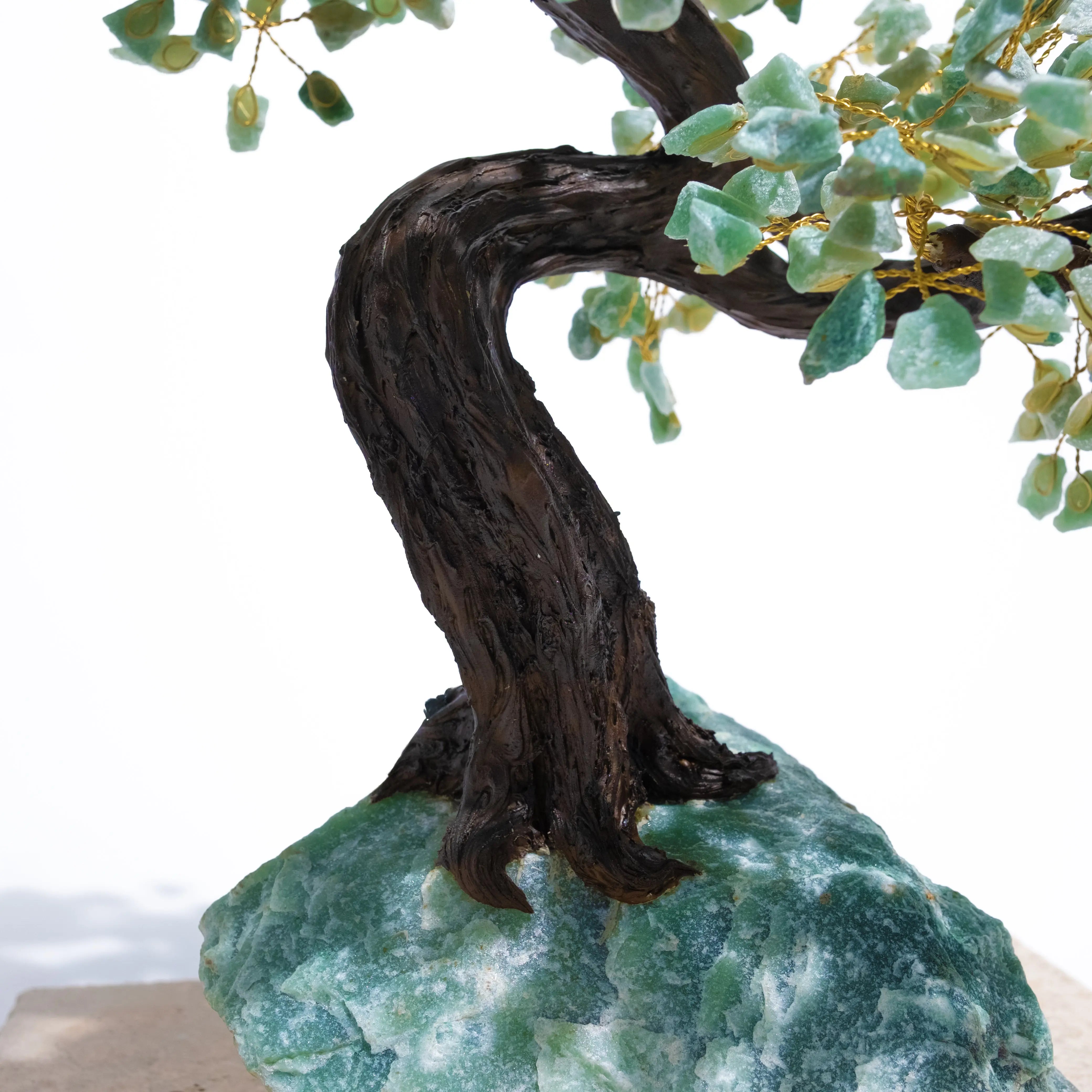 Aventurine Crystal Bonsai Tree with green aventurine stones on twisted brown trunk, symbolizing prosperity and positive energy.