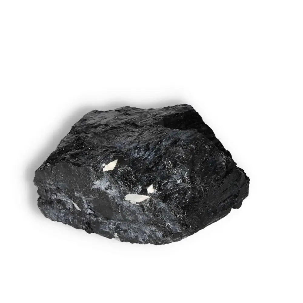 Rough Black Tourmaline Druze L crystal, known for cleansing negative energies; luxury spiritual stone from Sylvia Crystals.