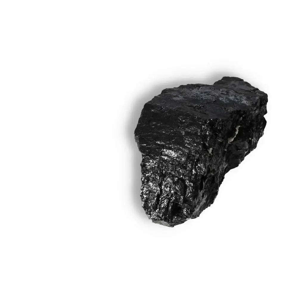 Rough Black Tourmaline Druze crystal for energy cleansing and balancing, featured by Sylvia Crystals, against a white background.