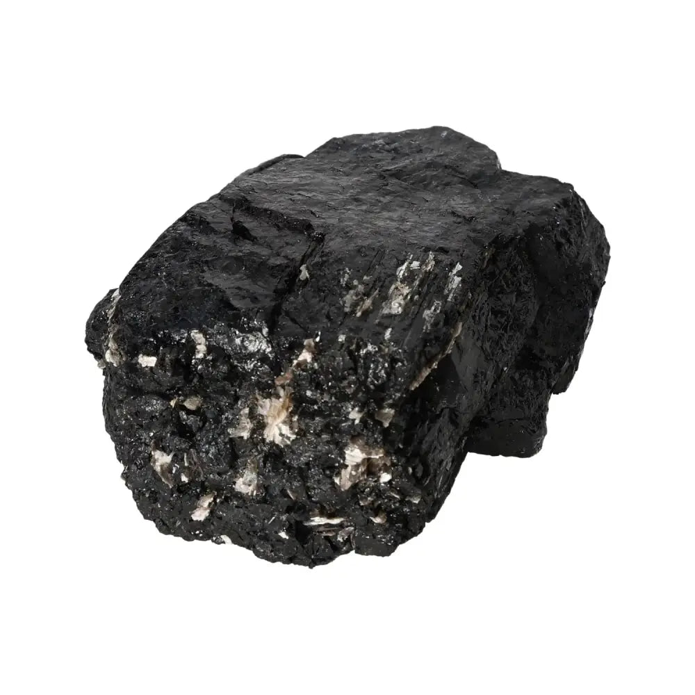 Rough Black Tourmaline Druze crystal from Sylvia Crystals, renowned for cleansing and grounding, featured against a white background.