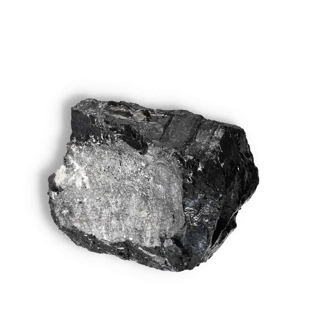 Rough Black Tourmaline Druze crystal with powerful energy cleansing properties, by Sylvia Crystals, on a white background.