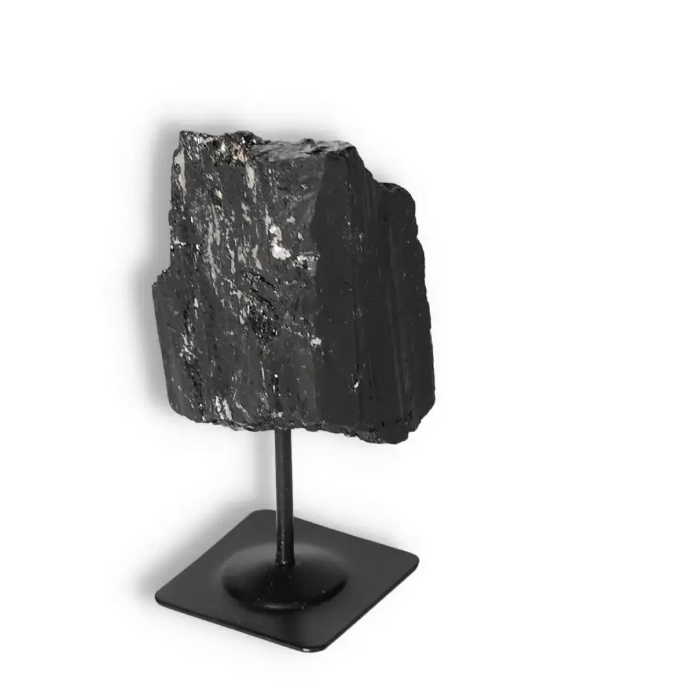 Rough Black Tourmaline with Metal Stand M by Sylvia Crystals for cleansing and spiritual renewal