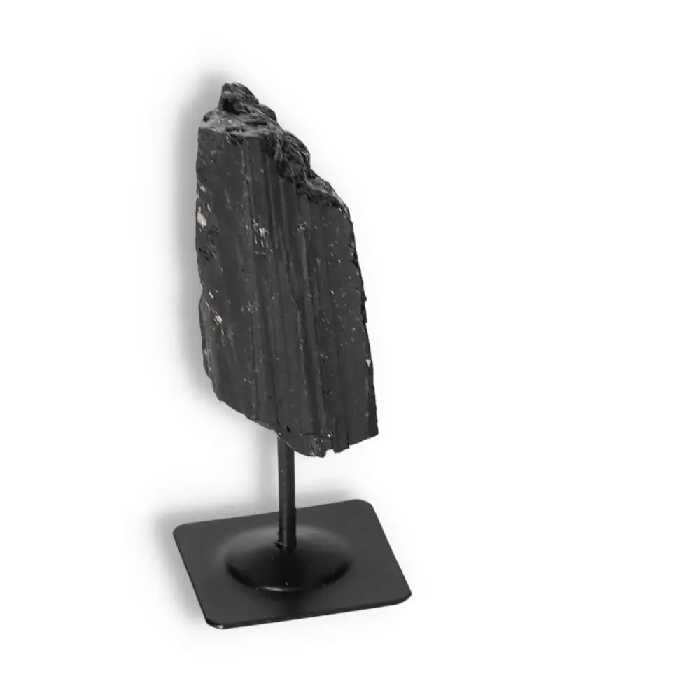 Rough Black Tourmaline on Metal Stand, Elegant Crystal for Energy Cleansing, Spiritual Renewal by Sylvia Crystals