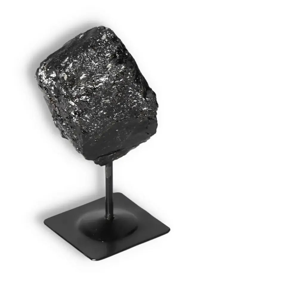 Rough Black Tourmaline on Sleek Metal Stand, Sylvia Crystals, Premium Cleansing Stone for Positive Energy and Spiritual Grounding